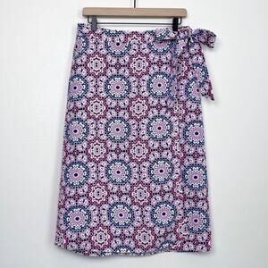 Ann Taylor LOFT Petite Side-Tie Purple Mosaic Tile Linen Midi Wrap Skirt SIZE 8